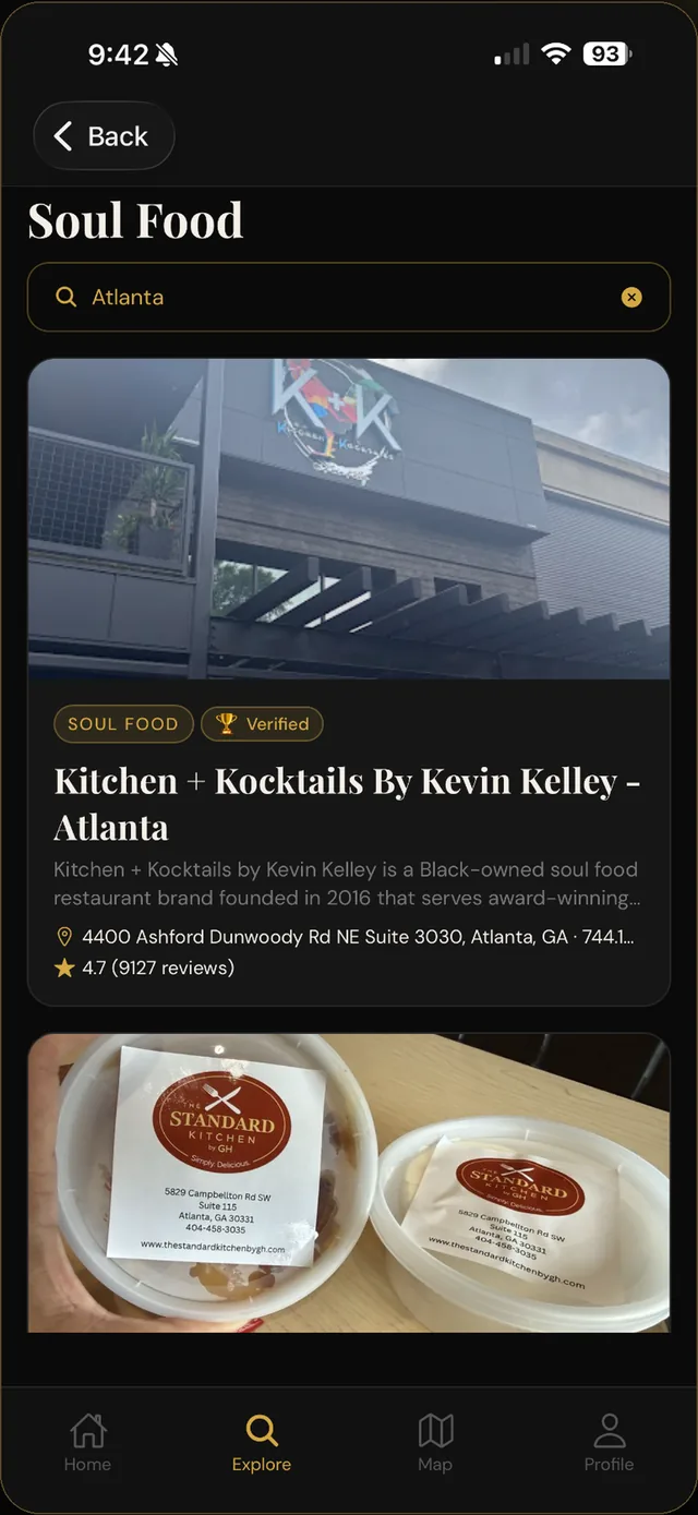 Example BlackKarat restaurant search in Atlanta with an ownership label